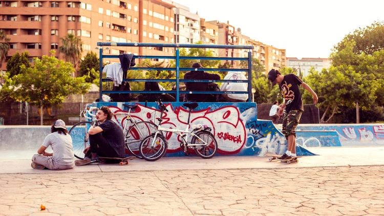 Skaters and riders at the skatepark